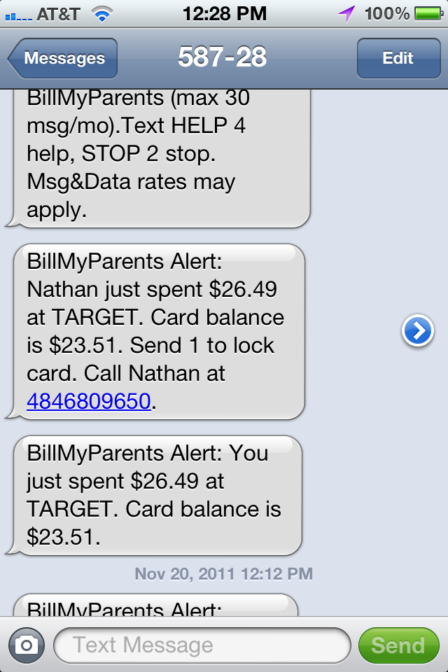 Bill My Parents text message